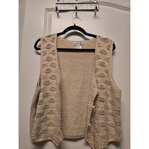 By Design Vintage Crochet Knit Vest Beige Ramie Cotton Boho Sleeveless Large